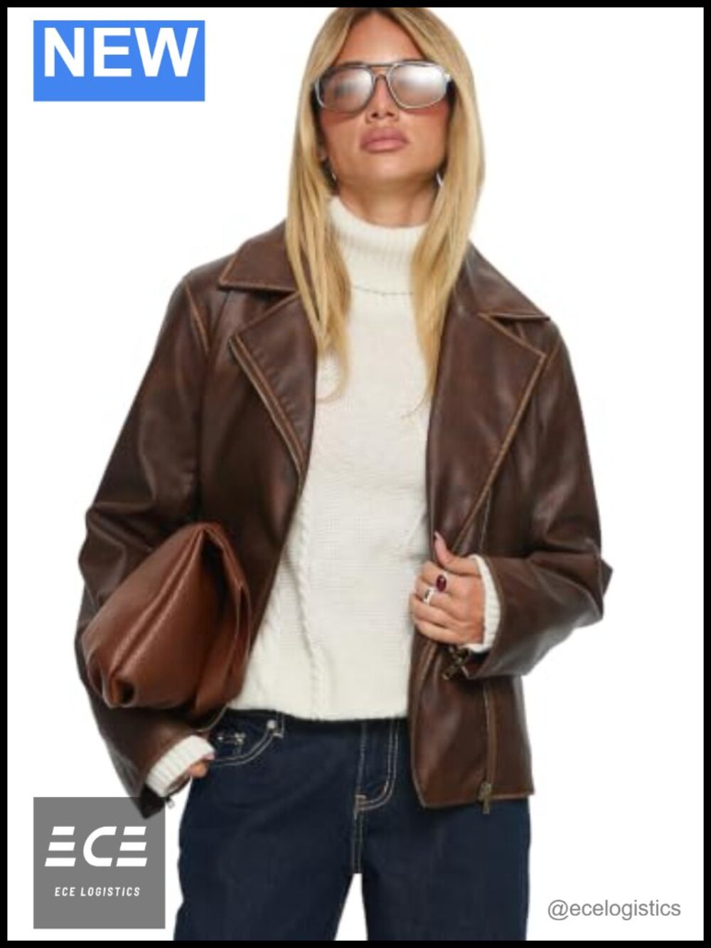 Faux Leather Collared Zip-Up Jacket Drop Shoulder Sleeve Zippers